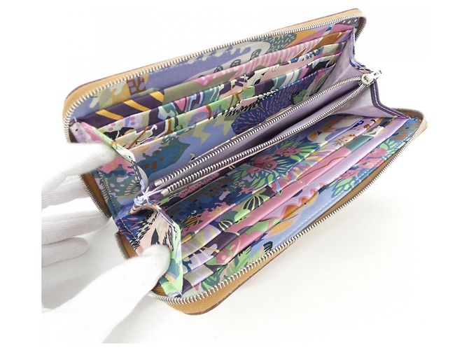 Cartera larga de seda Hermès EN LIBERTE Dorado Verde claro Morado oscuro - vista 5