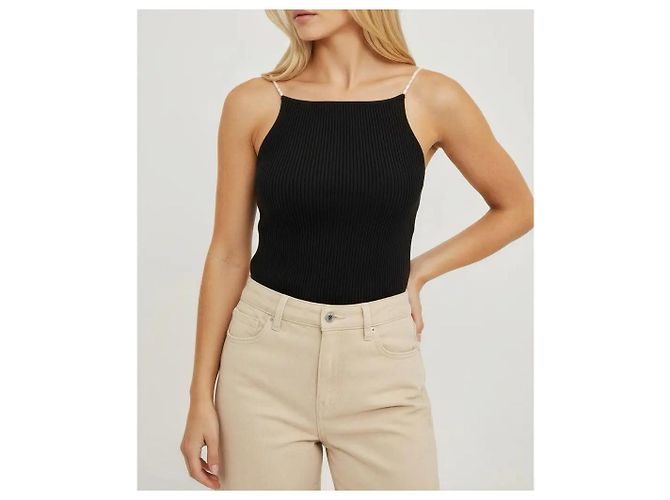 Autre Marque Musier schwarzes geripptes Strick-Top mit Perlenriemen - Ansicht 4