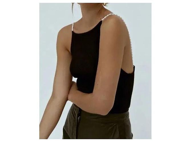 Autre Marque Musier schwarzes geripptes Strick-Top mit Perlenriemen - Ansicht 5