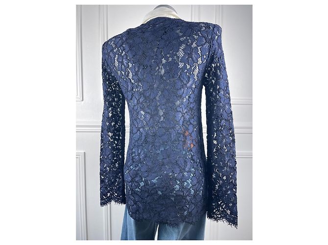 Sandro Paris Top de encaje floral azul marino con cuello blanco contrastado - vista 5