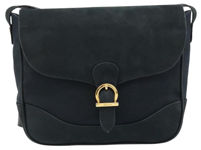 Borsa a tracolla Salvatore Ferragamo Gancini in scamosciato blu navy e oro Autentica 182997 - vista 2