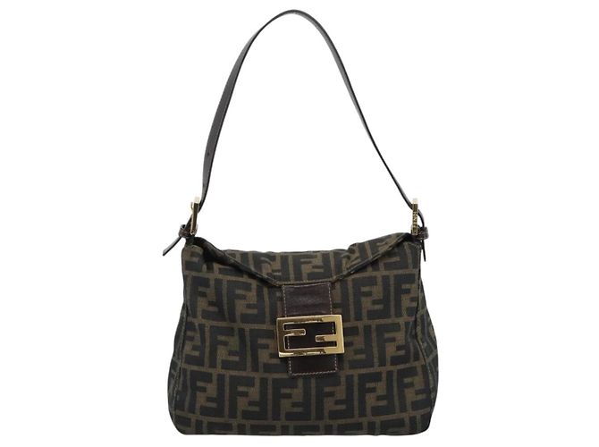 FENDI Zucca Canvas Mamma Baguette Shoulder Bag Black Brown Auth 183031V Marrone Nero - vista 2