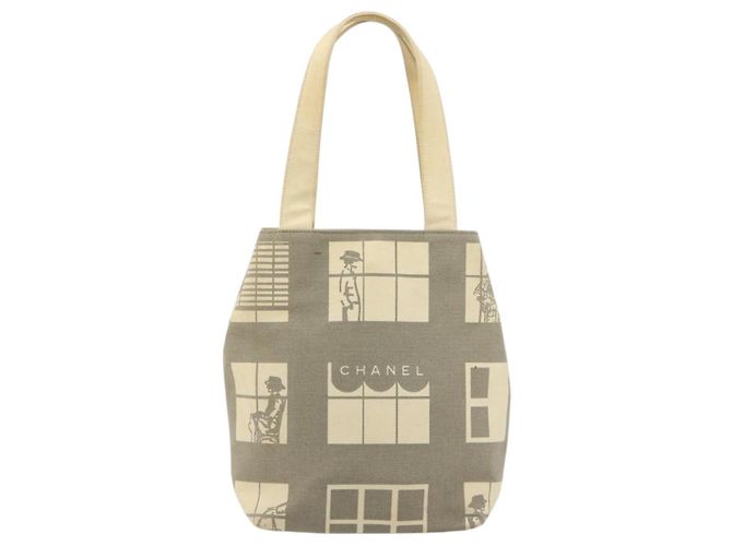 CHANEL Window line Tote Bag Canvas Beige Gold CC Auth 183024 Golden - Ansicht 2
