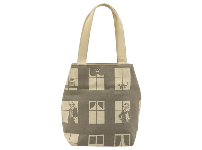 CHANEL Window line Tote Bag Canvas Beige Gold CC Auth 183024 Golden - Ansicht 3