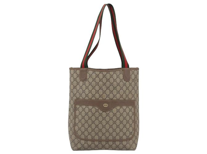 Borsa Tote GUCCI GG Supreme Web Sherry Line PVC Beige Oro 002.58.6487 Auth 183720 D'oro - vista 2