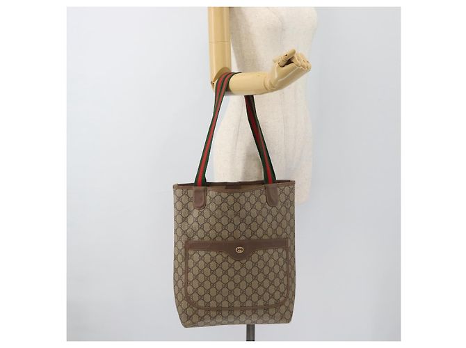 Borsa Tote GUCCI GG Supreme Web Sherry Line PVC Beige Oro 002.58.6487 Auth 183720 D'oro - vista 20