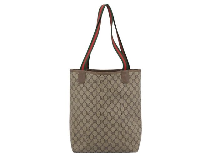 Borsa Tote GUCCI GG Supreme Web Sherry Line PVC Beige Oro 002.58.6487 Auth 183720 D'oro - vista 3