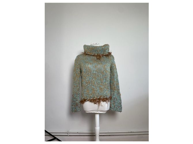 Vintage Escada Wollpullover mit Pelzbesatz Aqua Beige M Türkis - Ansicht 10