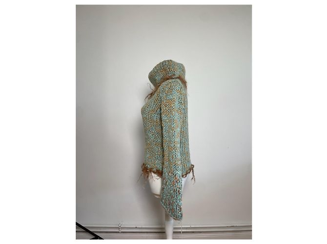 Vintage Escada Wollpullover mit Pelzbesatz Aqua Beige M Türkis - Ansicht 2