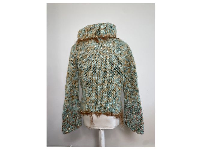 Vintage Escada Wollpullover mit Pelzbesatz Aqua Beige M Türkis - Ansicht 3