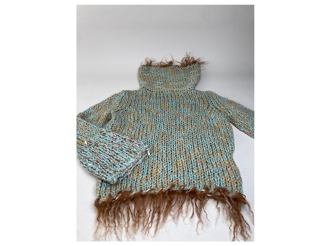 Vintage Escada Wollpullover mit Pelzbesatz Aqua Beige M Türkis - Ansicht 4