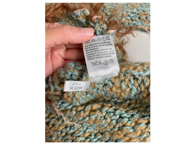 Vintage Escada Wollpullover mit Pelzbesatz Aqua Beige M Türkis - Ansicht 5