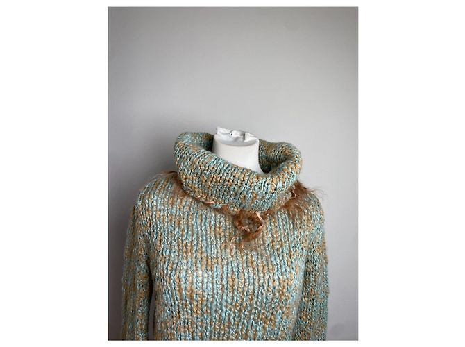 Vintage Escada Wollpullover mit Pelzbesatz Aqua Beige M Türkis - Ansicht 6
