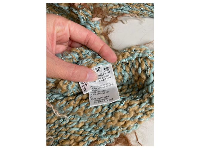 Vintage Escada Wollpullover mit Pelzbesatz Aqua Beige M Türkis - Ansicht 7