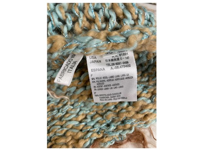 Vintage Escada Wollpullover mit Pelzbesatz Aqua Beige M Türkis - Ansicht 8