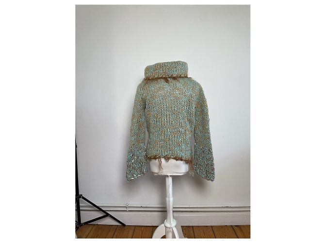 Vintage Escada Wollpullover mit Pelzbesatz Aqua Beige M Türkis - Ansicht 9