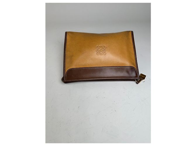 Clutch vintage Loewe in pelle granulata Tan Brown Oro Cammello - vista 8