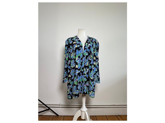 Kimono vintage in seta Balenciaga nero verde blu L - vista 10