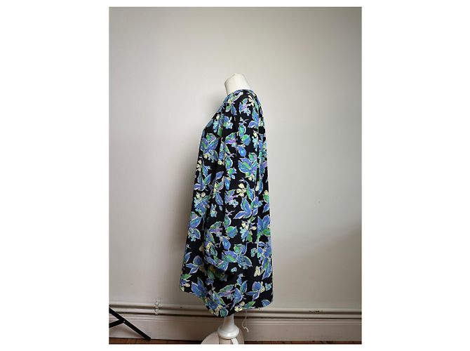 Kimono vintage in seta Balenciaga nero verde blu L - vista 2