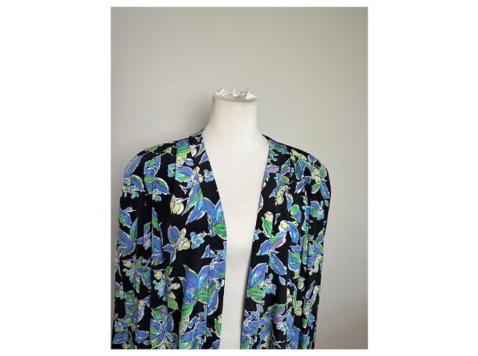 Kimono vintage in seta Balenciaga nero verde blu L - vista 4