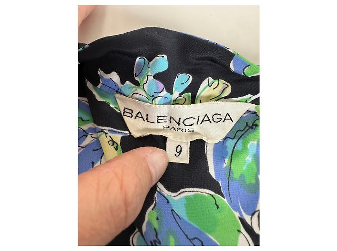 Kimono vintage in seta Balenciaga nero verde blu L - vista 7