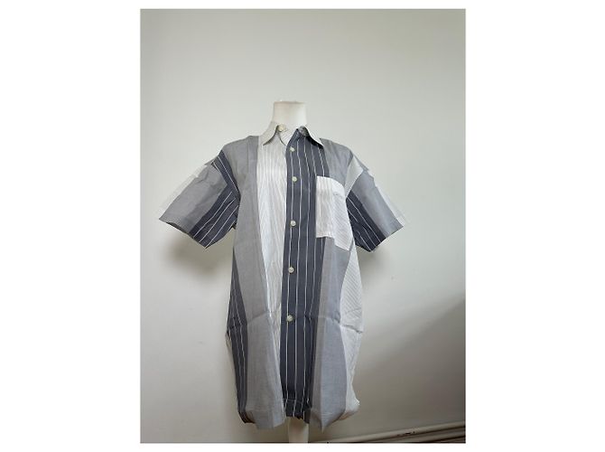 Vintage Issey Miyake Gestreiftes Baumwollhemd Grau Weiß M - Ansicht 10