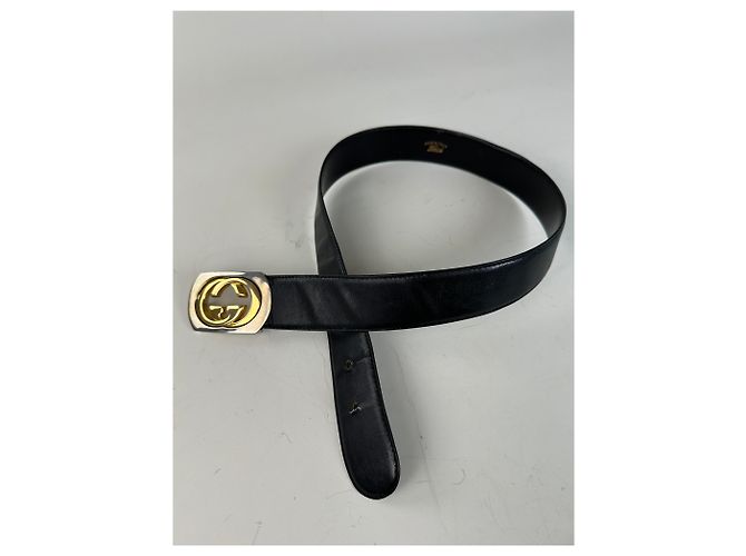 Vintage Gucci Ledergürtel mit GG Logo Schwarz Gold Silber - Ansicht 2