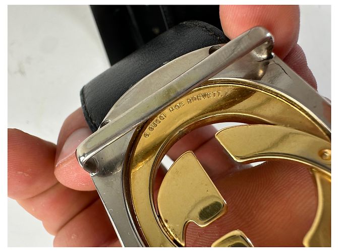 Vintage Gucci Ledergürtel mit GG Logo Schwarz Gold Silber - Ansicht 3