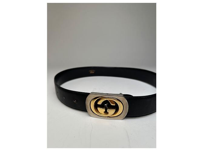 Vintage Gucci Ledergürtel mit GG Logo Schwarz Gold Silber - Ansicht 4