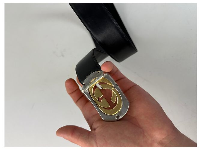 Vintage Gucci Ledergürtel mit GG Logo Schwarz Gold Silber - Ansicht 5