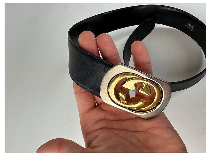 Vintage Gucci Ledergürtel mit GG Logo Schwarz Gold Silber - Ansicht 6
