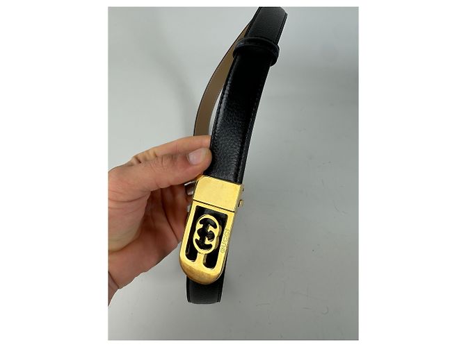 Vintage Gucci GG Logo Ledergürtel Schwarz Beige Gold - Ansicht 2