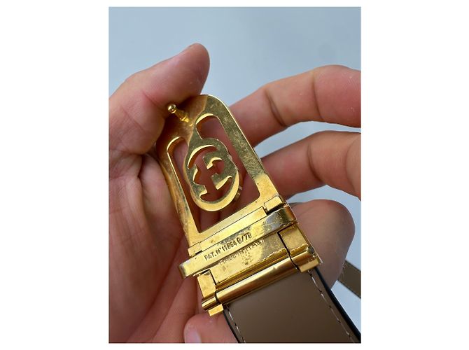 Vintage Gucci GG Logo Ledergürtel Schwarz Beige Gold - Ansicht 3