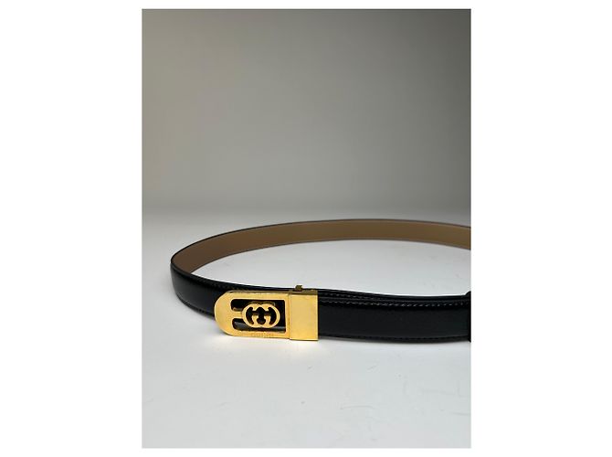 Vintage Gucci GG Logo Ledergürtel Schwarz Beige Gold - Ansicht 4