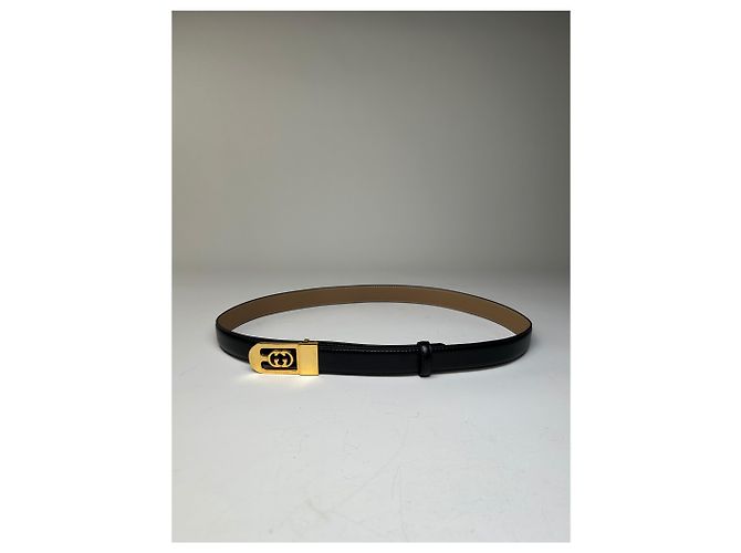 Vintage Gucci GG Logo Ledergürtel Schwarz Beige Gold - Ansicht 6