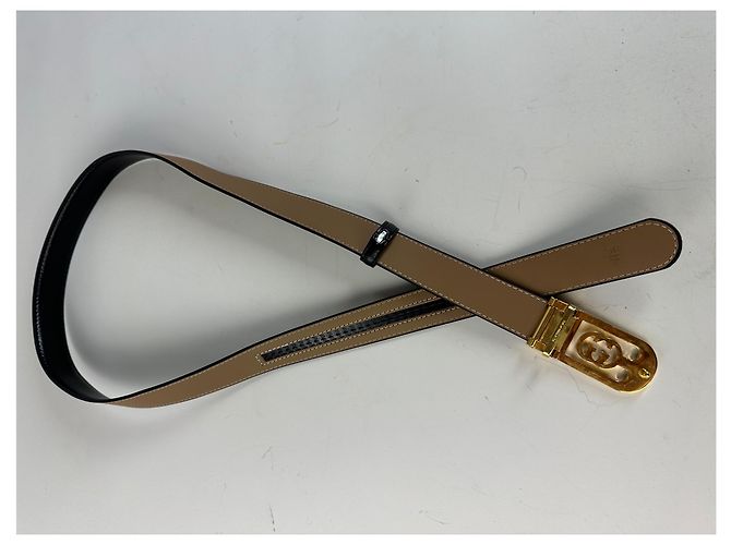 Vintage Gucci GG Logo Ledergürtel Schwarz Beige Gold - Ansicht 7