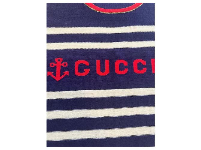 Gucci Canotta a Righe in Lana e Cashmere Bianco Rosso Blu - vista 2