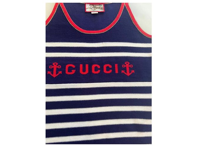 Gucci Canotta a Righe in Lana e Cashmere Bianco Rosso Blu - vista 3