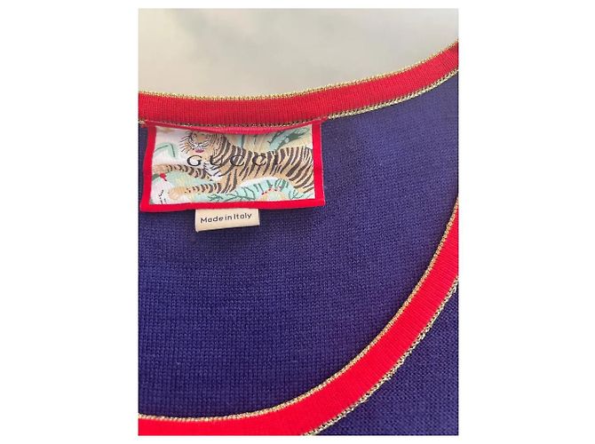Gucci Canotta a Righe in Lana e Cashmere Bianco Rosso Blu - vista 4