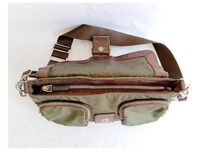 Borsa a tracolla Prada in nylon e pelle marrone e verde - vista 10