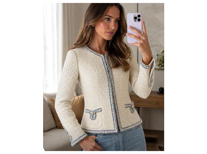 Chanel Ivory Tweed Jacket with Multicolor Trim White Multiple colors - view 5