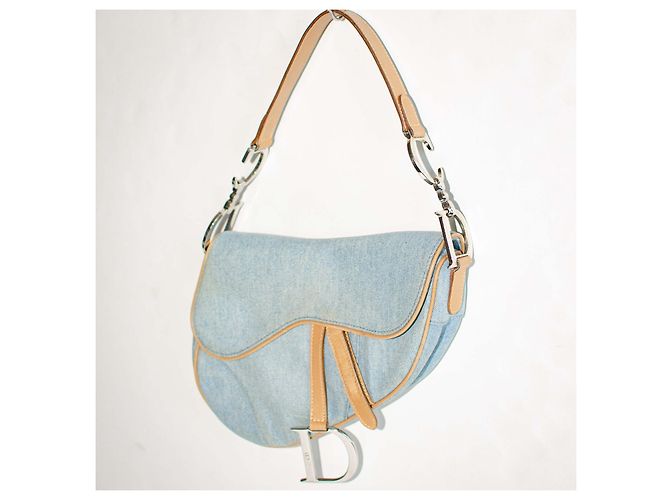 Christian Dior Dior Saddle Bolsa em Denim Azul Claro e Couro Bege - vista 2