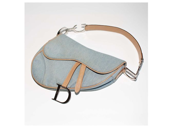Christian Dior Dior Saddle Bolsa em Denim Azul Claro e Couro Bege - vista 5