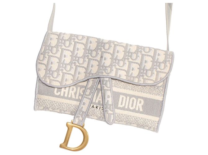 Borsa Dior Saddle in tela Dior Oblique Beige Grigio - vista 2