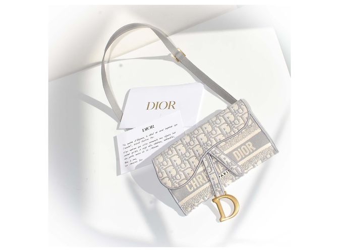 Borsa Dior Saddle in tela Dior Oblique Beige Grigio - vista 3