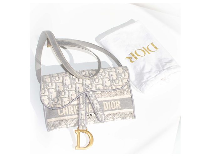 Borsa Dior Saddle in tela Dior Oblique Beige Grigio - vista 4