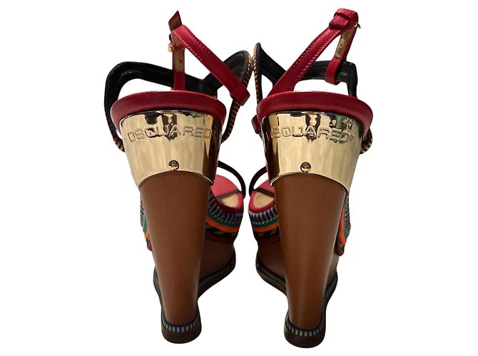 Dsquared2 Sandali con zeppa in pelle rossa Marrone Rosso Multicolore Gold hardware - vista 4