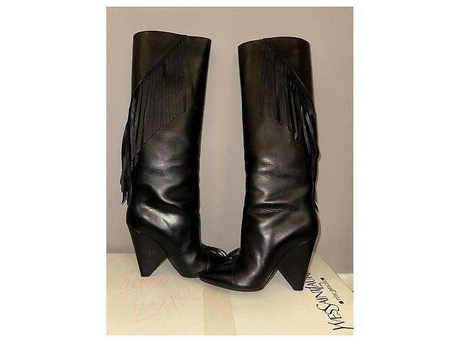 Saint Laurent Niki Botas Altas de Cuero Negro con Flecos - vista 3