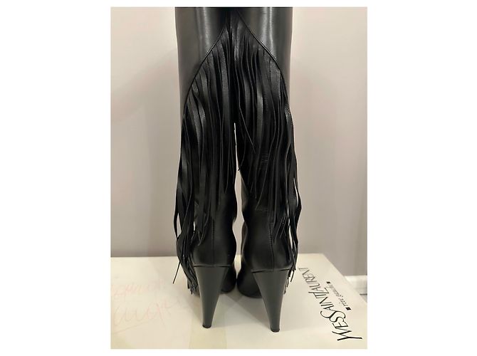 Saint Laurent Niki Botas Altas de Cuero Negro con Flecos - vista 4