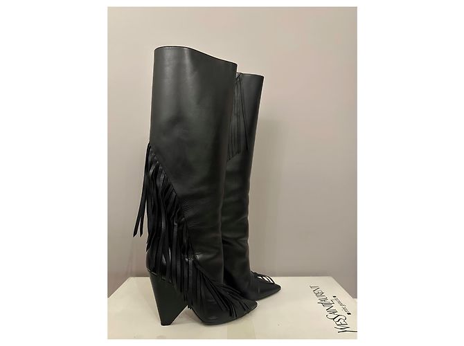 Saint Laurent Niki Botas Altas de Cuero Negro con Flecos - vista 5